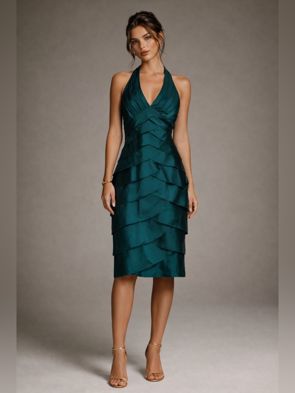 Cache Teal Halter Tiered Midi Dress Suze 4 Prom 90s y2k